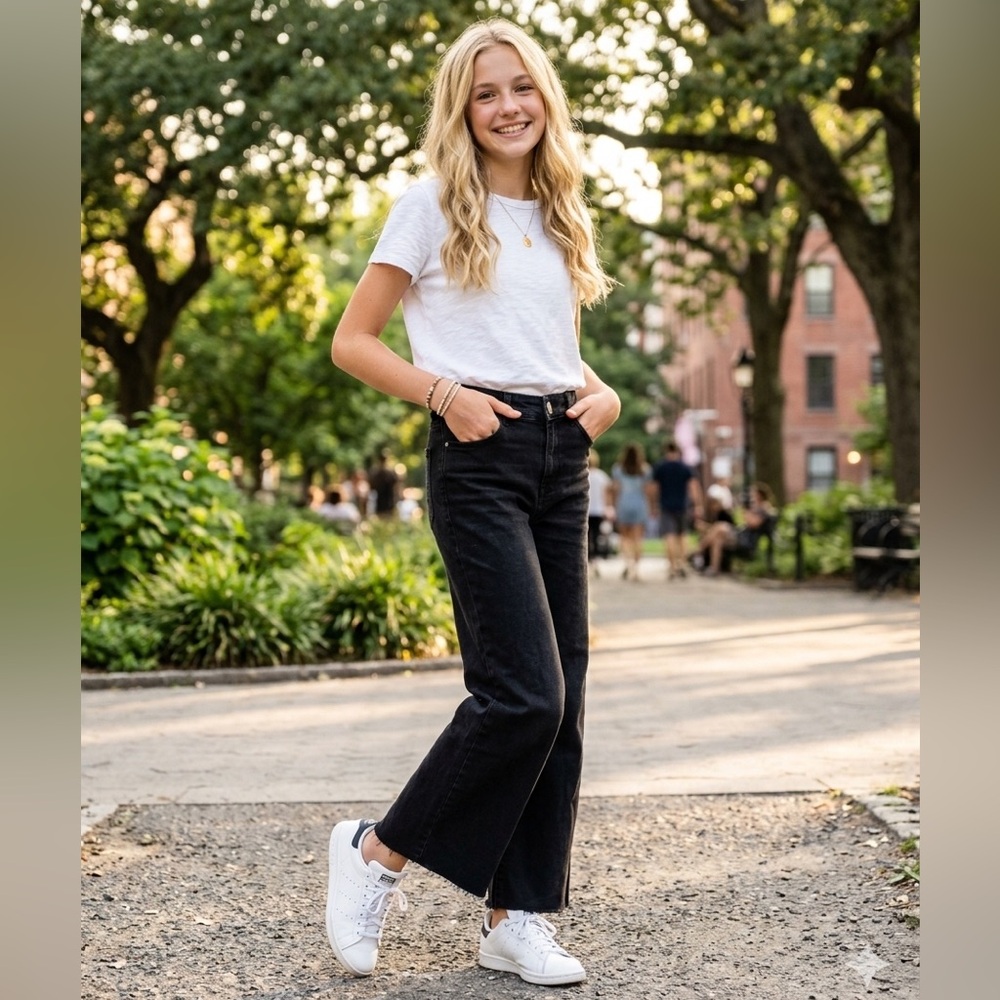NWT Zara Kids Black Wide Leg Jeans Size 14 Girls Youth High Waisted Raw Hem